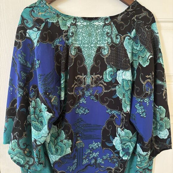 Chicos Open Wrap Top Asian Inspired Art to Wear SZ 1 Boho Blue Colorful Glam 90s - Picture 8 of 13